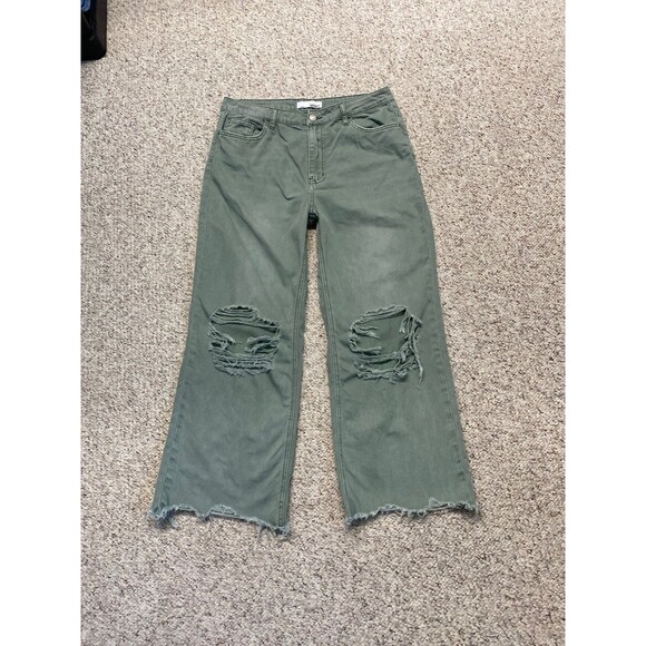 Vervet Super High Rise 90s Vintage Crop Flare Distressed Raw Hem Green 30 - Picture 2 of 7